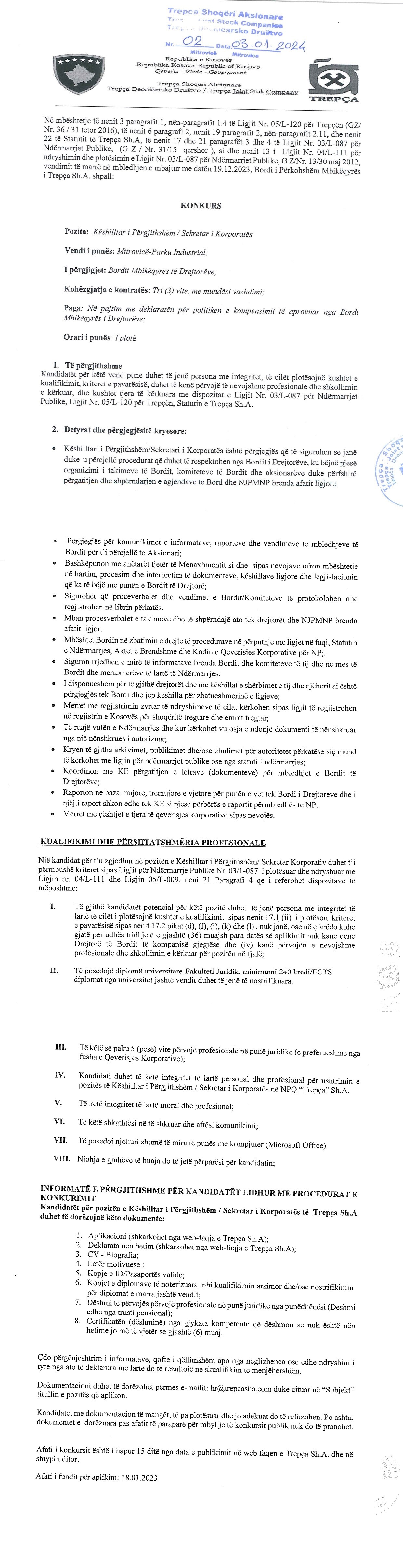 Këshilltar i përgjthshëm / Sekretar i Korporatës